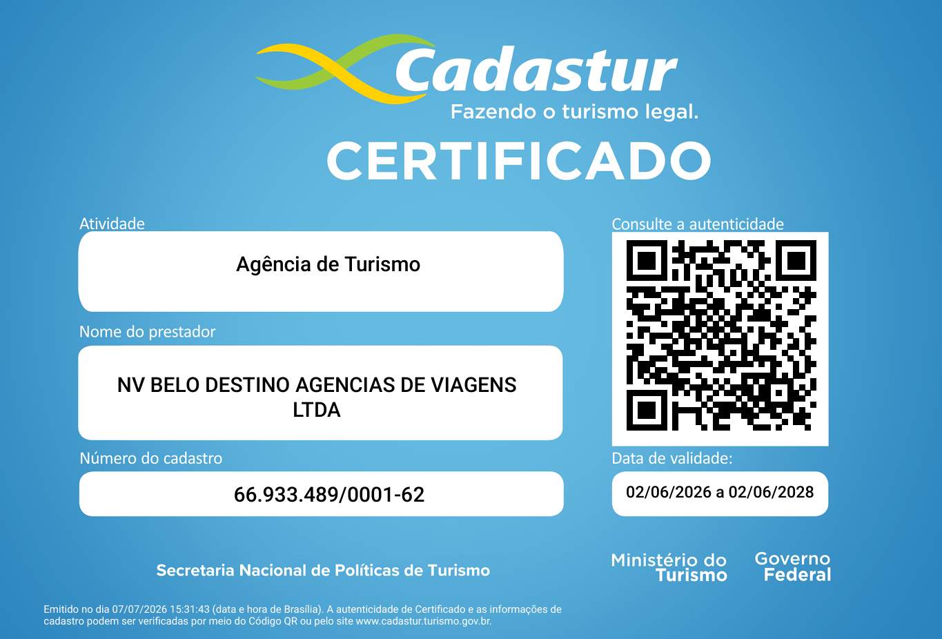 Certificado Cadastur da NV Belo Destino