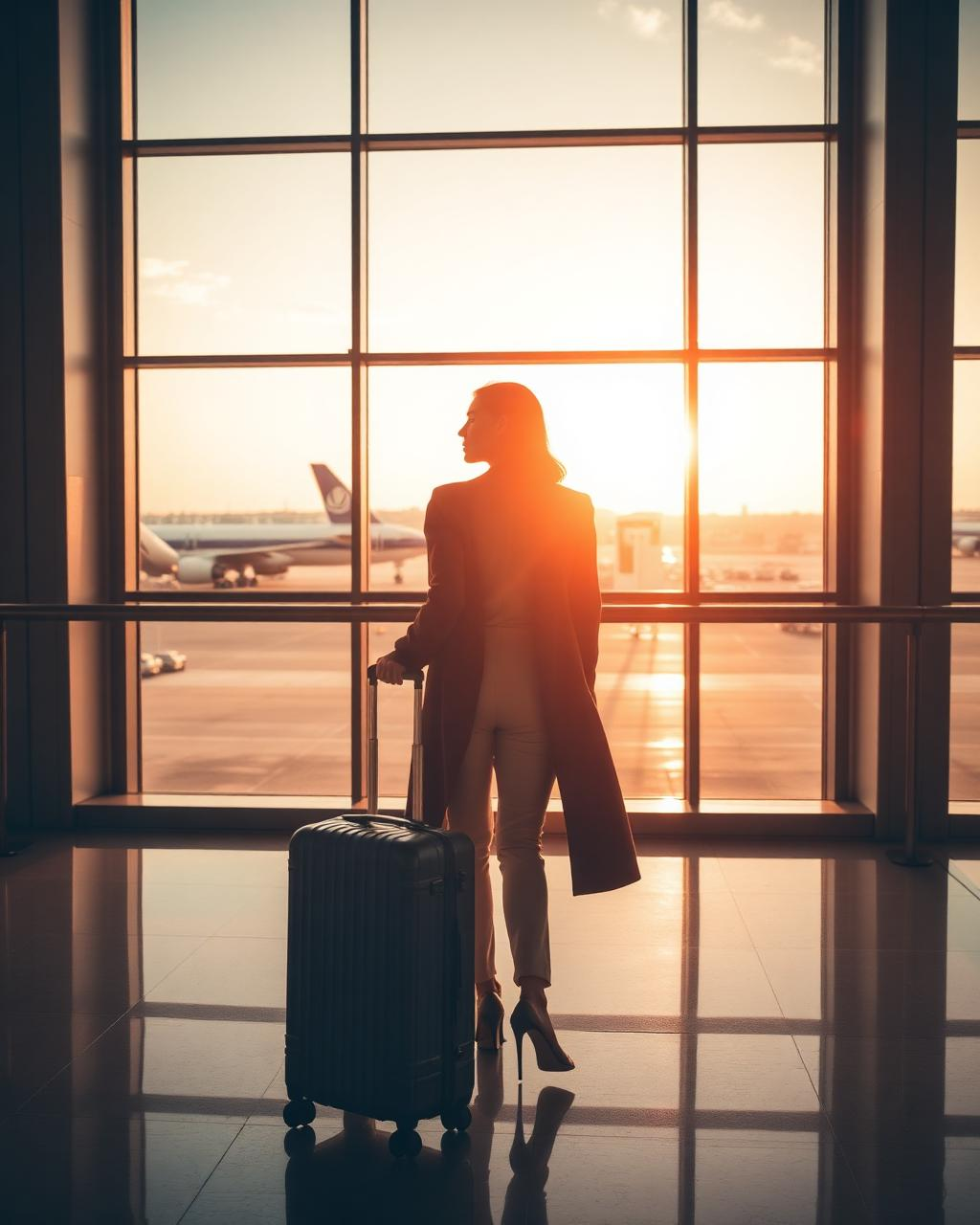 Viajante no aeroporto com mala ao pôr do sol